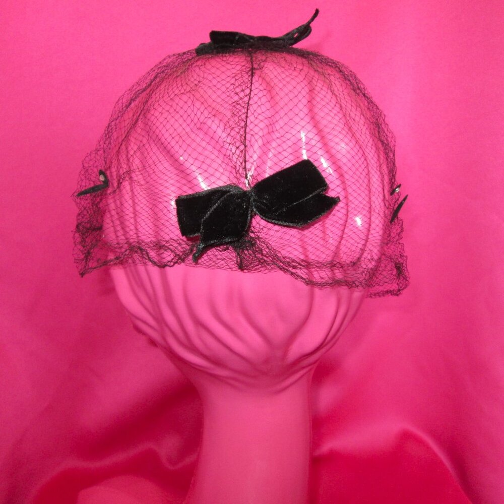 1950s vintage black veil hat rhinestones velvet bow rockabilly fascinator